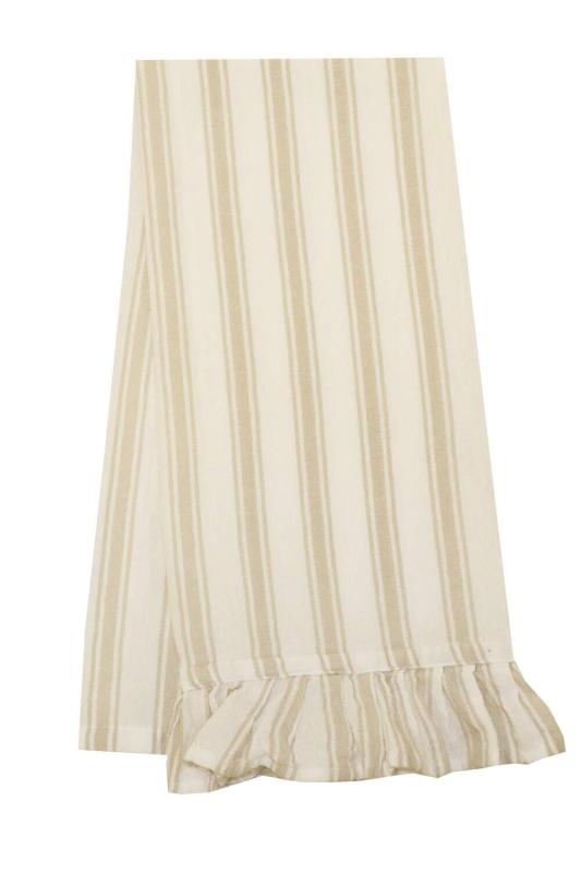 Kökshandduk MADICKEN randig i linnefärg och offwhite med volang i nederkanten