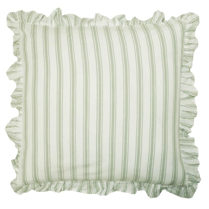 Kuddfodral MADICKEN randig i grönt och offwhite med volang runt kanten