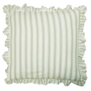 Kuddfodral MADICKEN randig i grönt och offwhite med volang runt kanten