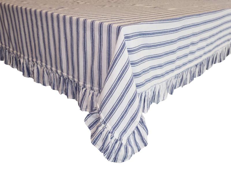 Duk MADICKEN randig i blått och offwhite med volang runt kanten
