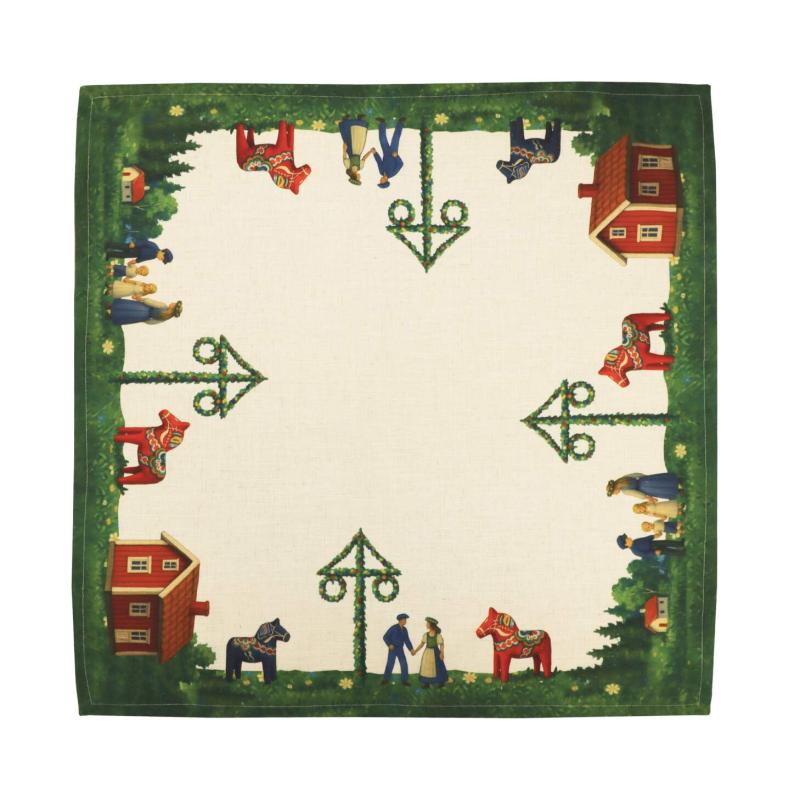 Fyrkantig duk MIDSOMMAR med Dalahäst, Midsommarstång, röda stugor