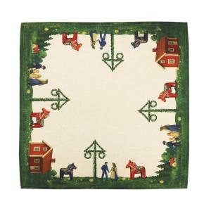 Fyrkantig duk MIDSOMMAR med Dalahäst, Midsommarstång, röda stugor