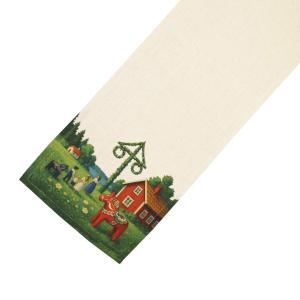 Bordslöpare MIDSOMMAR med Dalahäst, Midsommarstång, röda stuga och barn