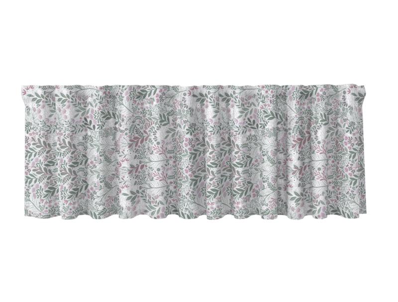 Gardinkappa HAGE på metervara, blad och blommor i rosa och grönt, ljusgrå bottenfärg