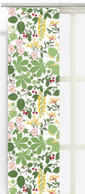 Panelgardin Haga, med bär, blommor och blad. 2 pack, Stl 43x240cm. Grön