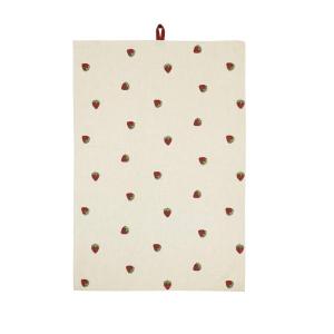 Kökshandduk JORDGUBBE med broderade jordgubbar på beige bottenfärg
