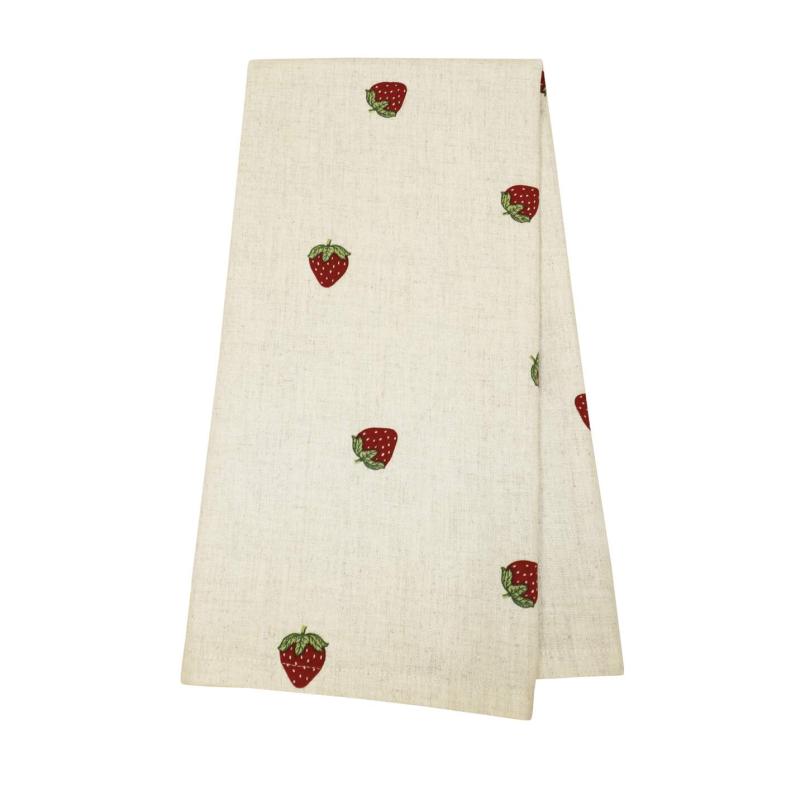 Kökshandduk JORDGUBBE med broderade jordgubbar på beige bottenfärg