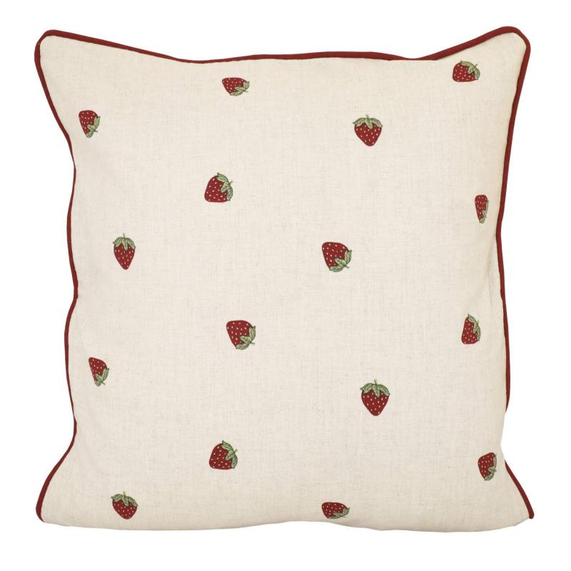 Kuddfodral JORDGUBBE med broderade jordgubbar på beige bottenfärg