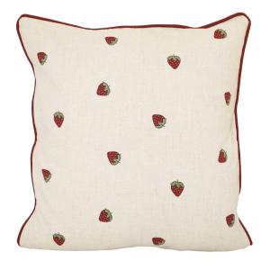 Kuddfodral JORDGUBBE med broderade jordgubbar på beige bottenfärg