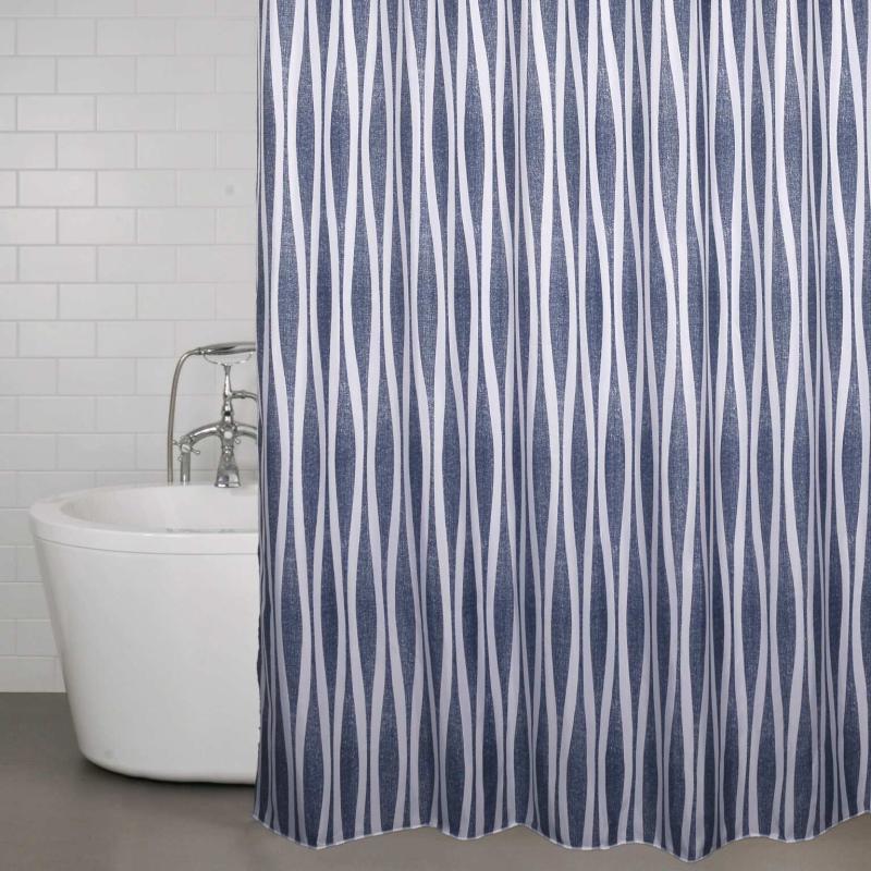 Duschdraperi WAVE med vågigt mönster i marinblått och vitt