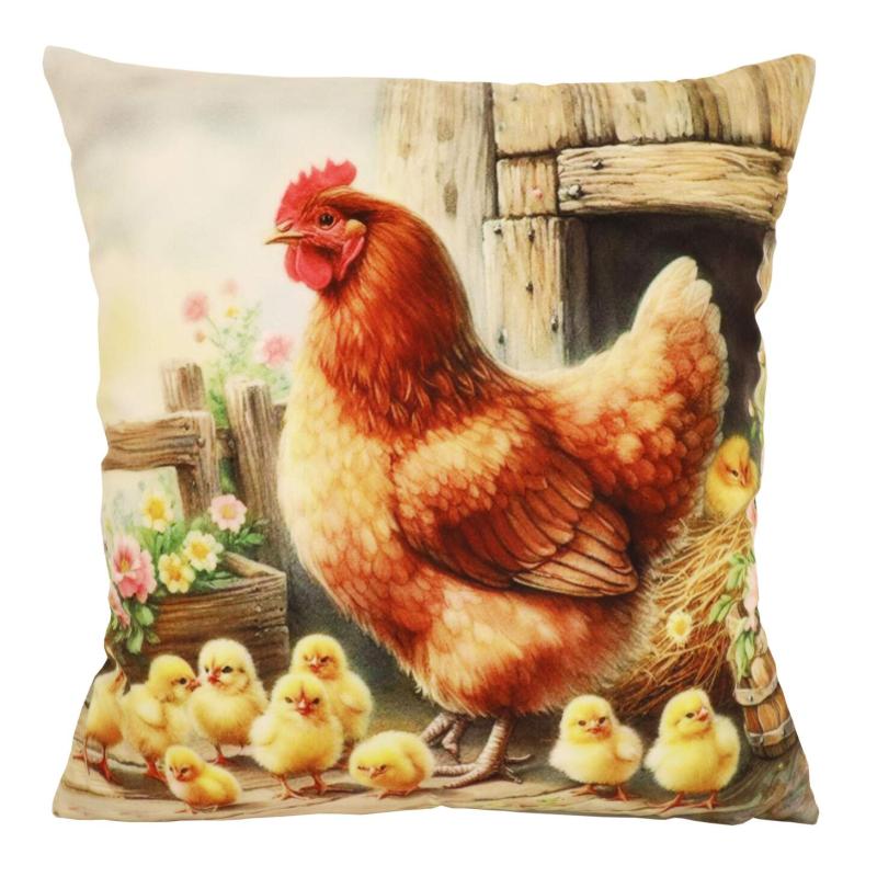 Kuddfodral HÖNSHUS med en höna och kycklingar