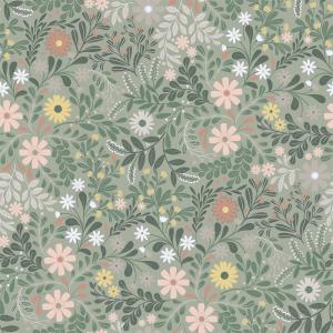 Gardinkappa BACKA på metervara, med blommor på grön bottenfärg