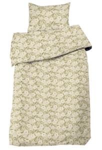 Bäddset OTTILIA i bäckebölja med vita blommor och gröna blad på beige bottenfärg
