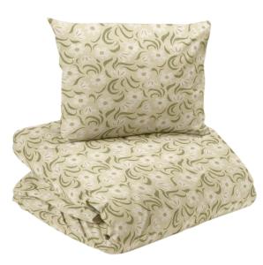 Bäddset OTTILIA i bäckebölja med vita blommor och gröna blad på beige bottenfärg