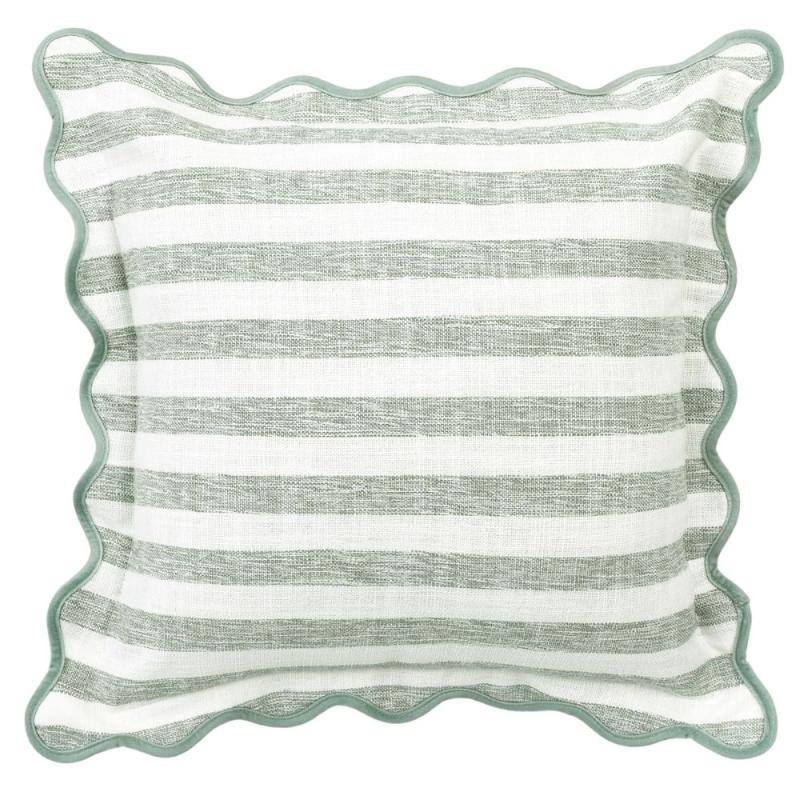 Kuddfodral LINES, randig med vågig bandkantad kant i grönt och offwhite