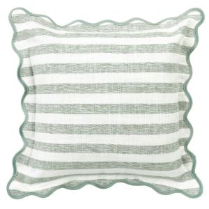 Kuddfodral LINES, randig med vågig bandkantad kant i grönt och offwhite
