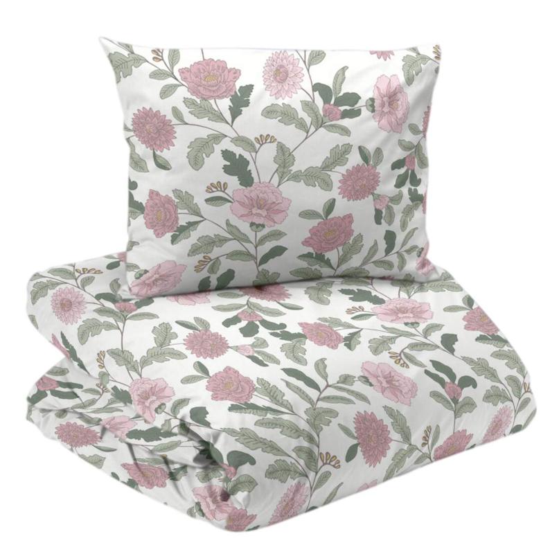 Bäddset FAYE med rosa blommor på offwhite bottenfärg
