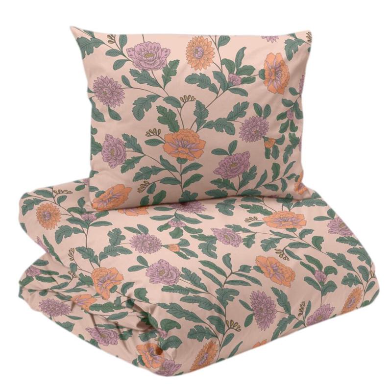 Bäddset FAYE med rosa blommor på persikofärgad botten