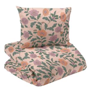 Bäddset FAYE med rosa blommor på persikofärgad botten