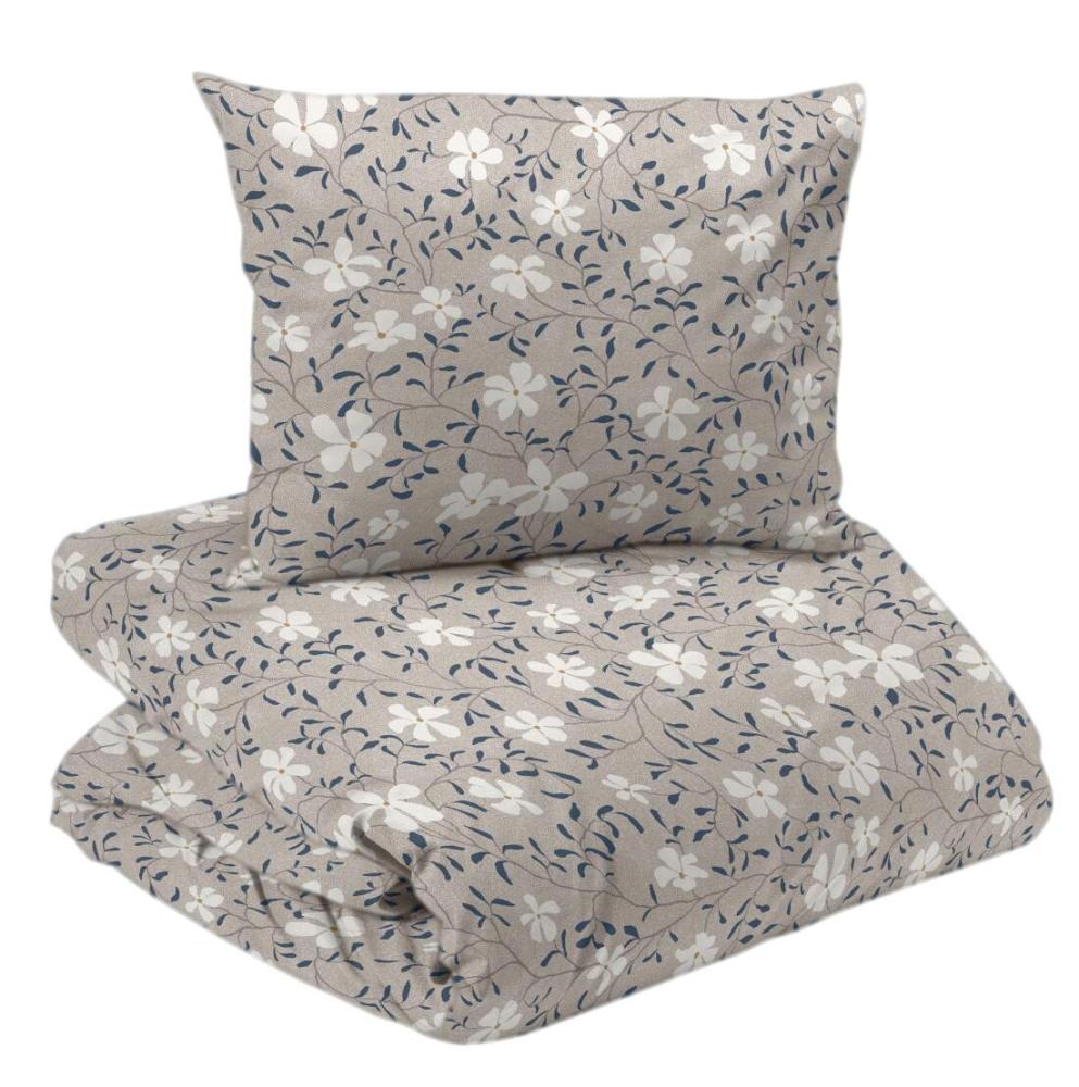 Bäddset HEDVIG med prickig linnefärgad botten, vita skira blommor och smala blå blad