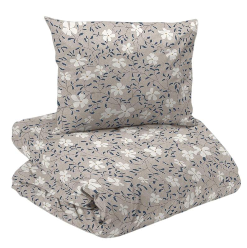 Bäddset HEDVIG med prickig linnefärgad botten, vita skira blommor och smala blå blad