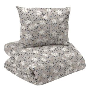 Bäddset HEDVIG med prickig linnefärgad botten, vita skira blommor och smala blå blad