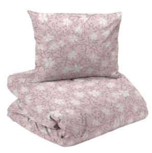 Bäddset HEDVIG med rosaprickig bottenfärg och vita skira blommor och smala blad