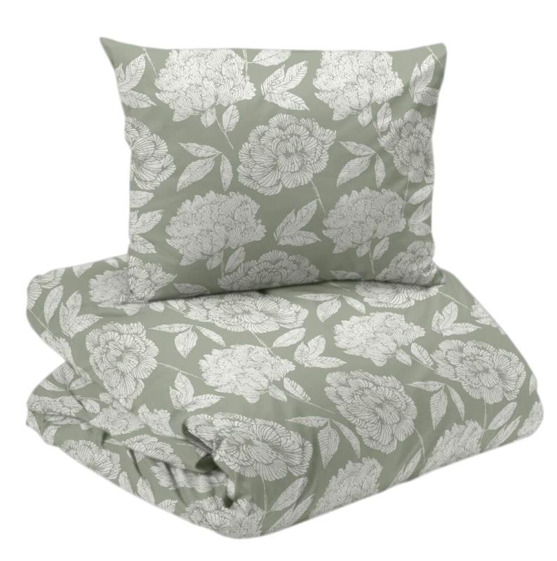 Bäddset PEONY i satin med stora blommor i offwhite på grön bottenfärg