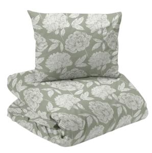 Bäddset PEONY i satin med stora blommor i offwhite på grön bottenfärg
