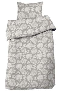 Bäddset PEONY i satin med stora blommor i offwhite på linnefärgad botten