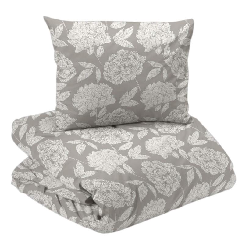 Bäddset PEONY i satin med stora blommor i offwhite på linnefärgad botten