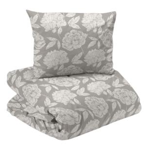 Bäddset PEONY i satin med stora blommor i offwhite på linnefärgad botten