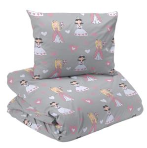 Bäddset PRINSESSA med prinsessor och hjärtan i rosa på grå bottenfärg
