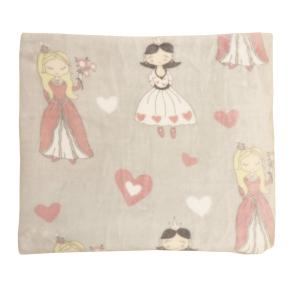 Pläd PRINSESSA i fleece med prinsessor och hjärtan i rosa på grå bottenfärg