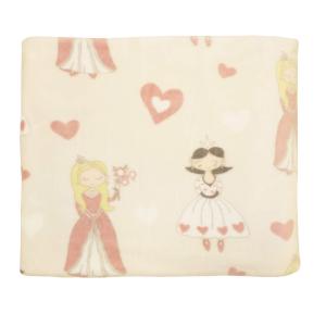 Pläd PRINSESSA i fleece med prinsessor och hjärtan i rosa på linnefärgad botten