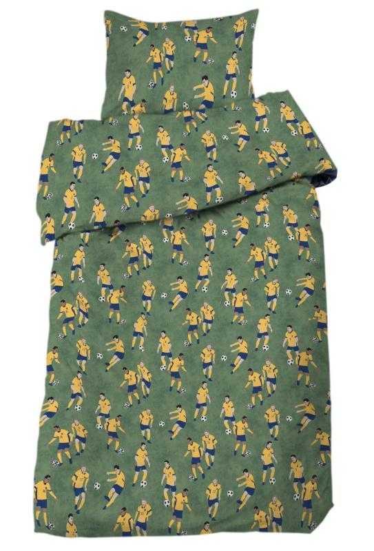 Bäddset SOCCER med fotbollsspelare i blått och gult på grön bottenfärg