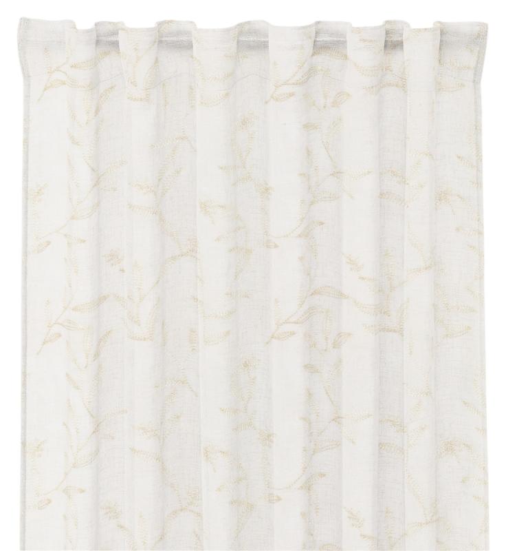 Gardin JULIET med broderade linnefärgade blommor och blad på vit bottenfärg