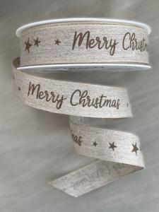 Textilband, MERRY CHRISTMAS, brun text på linnefärgad botten, ståltrådskant