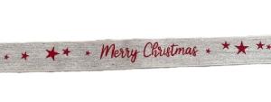 Textilband, MERRY CHRISTMAS, röd text på linnefärgad botten, ståltrådskant