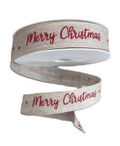 Textilband, MERRY CHRISTMAS, röd text på linnefärgad botten, ståltrådskant