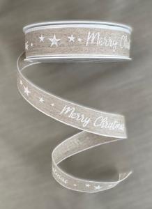 Textilband, MERRY CHRISTMAS, vit text på linnefärgad botten, ståltrådskant