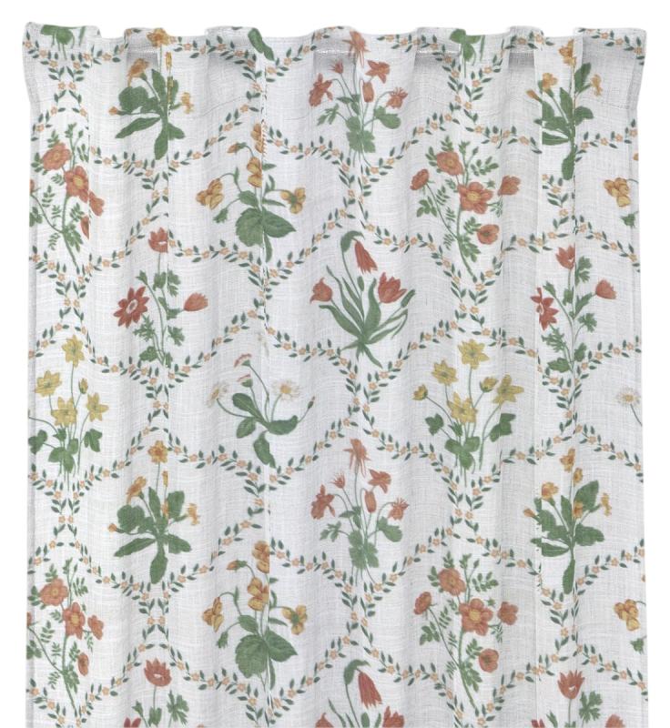 Gardin MARY med sommarblommor i trellismönster i havregult, aprikos och grönt