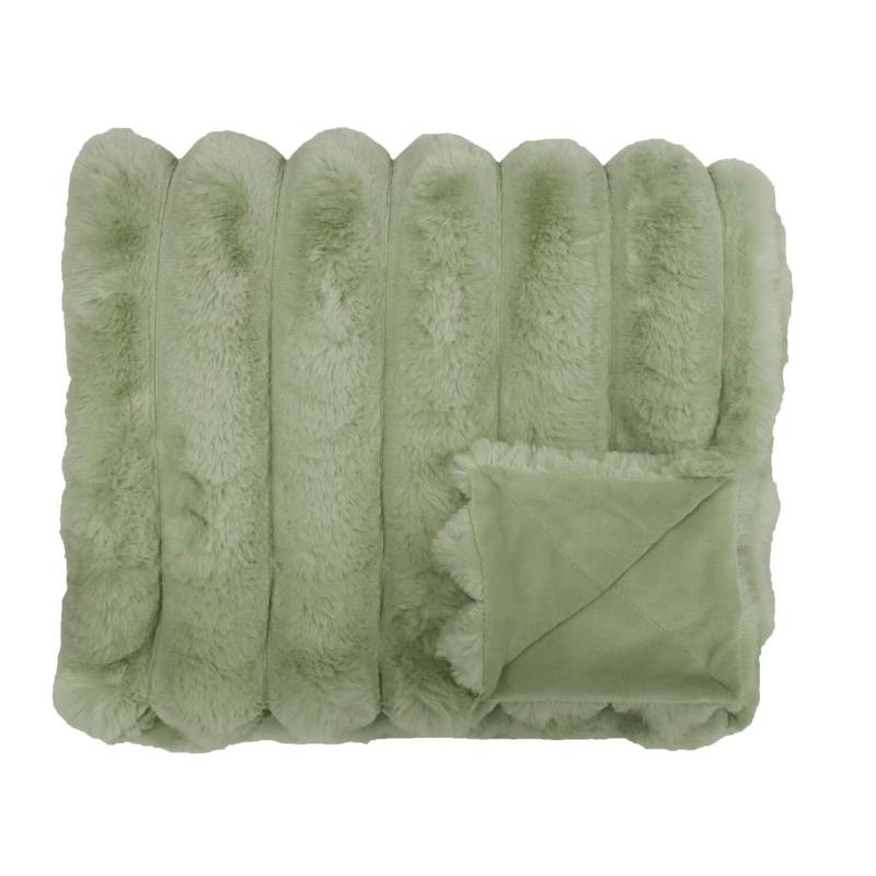 Pläd Brooklyn, lyxig filt med breda ränder i fuskpäls i ljusgrönt