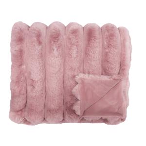 Pläd Brooklyn, lyxig filt med breda ränder i fuskpäls i ljusrosa