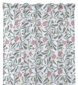 Gardin LOVIS med vita och rosa blommor och slingrande gröna blad på vit bottenfärg