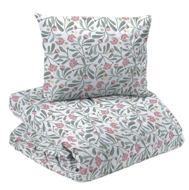 Bäddset LOVIS med vita och rosa blommor och slingrande gröna blad på vit bottenfärg