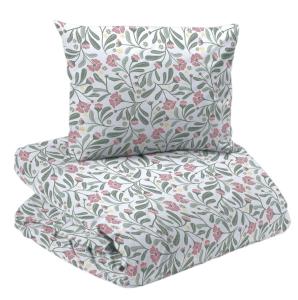Bäddset LOVIS med vita och rosa blommor och slingrande gröna blad på vit bottenfärg