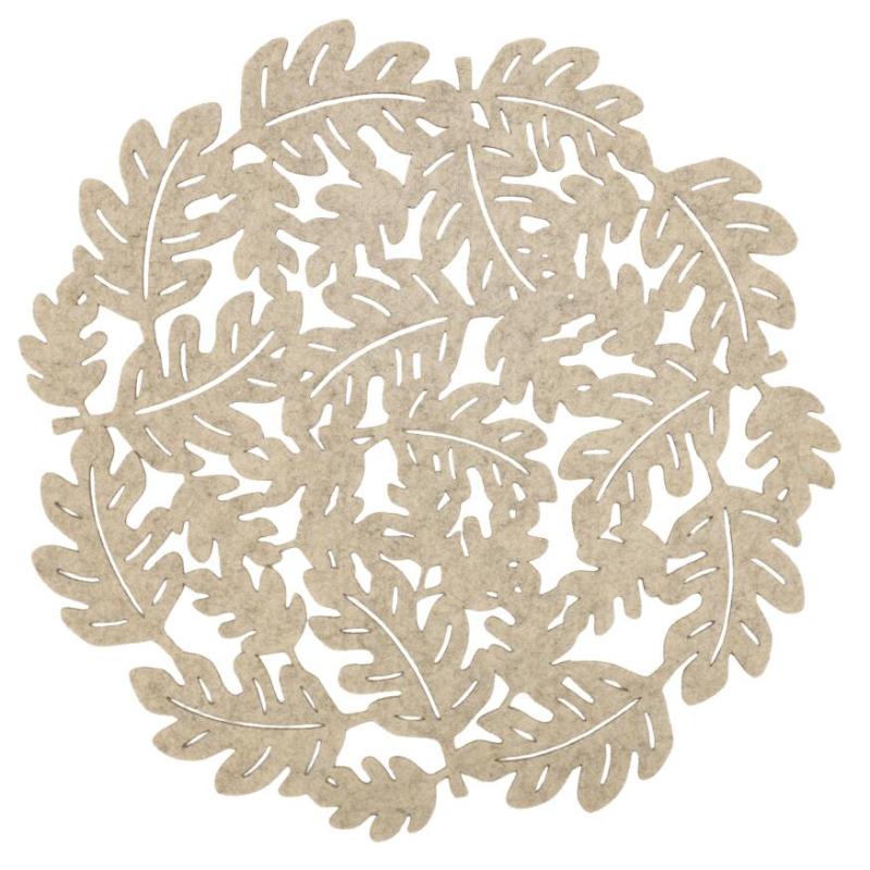 Rund bordstablett, tallriksunderlägg LÖV i filtmaterial med utstansade löv i beige