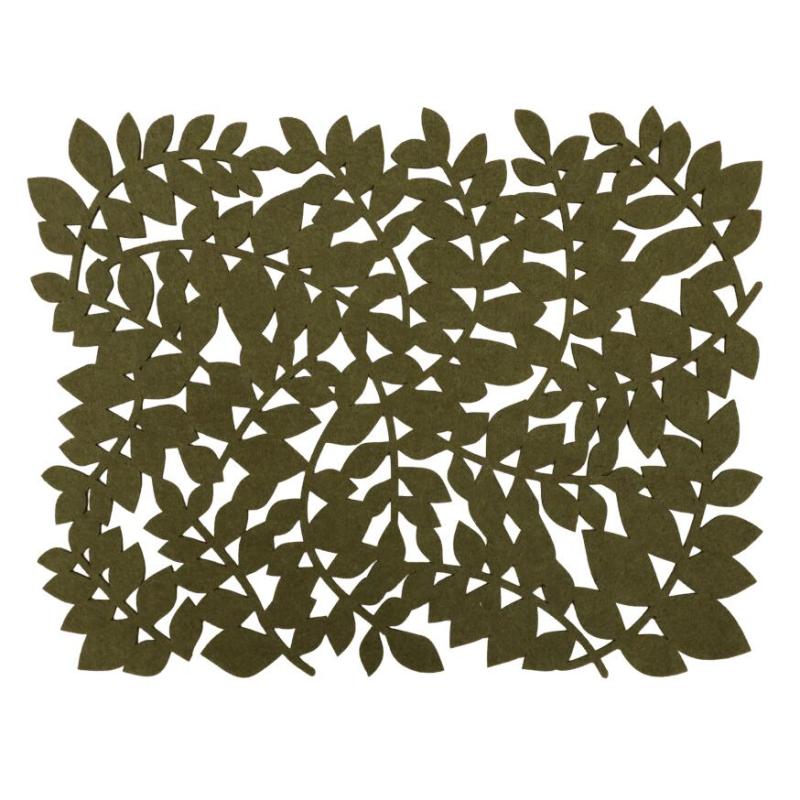 Bordstablett, tallriksunderlägg LEAVES i filtmaterial med utstansade löv i olivgrönt