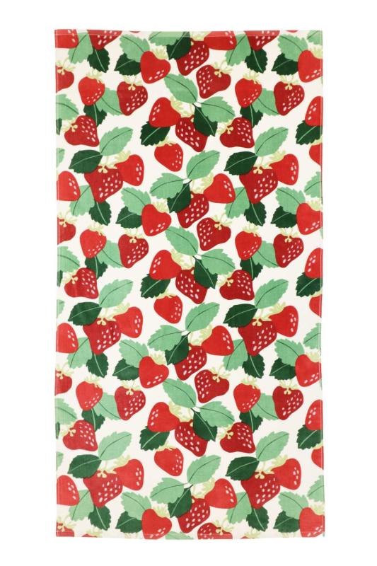 Badlakan, frotte, handduk JORDGUBBE med härliga röda jodgubbar på vit bottenfärg